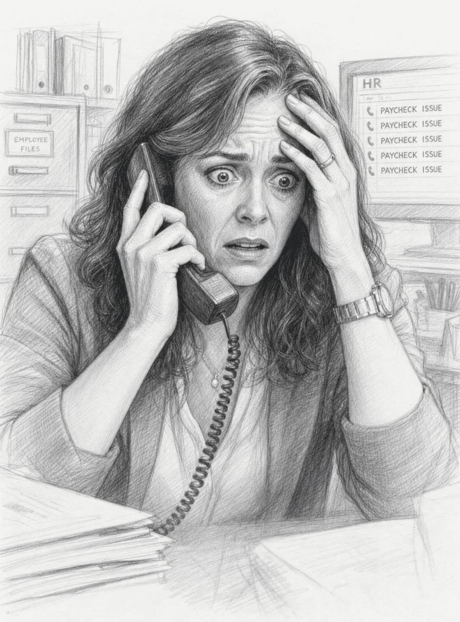 Pencil drawing of a distressed woman in an office talking on the phone beside a screen of paycheck issue alerts.