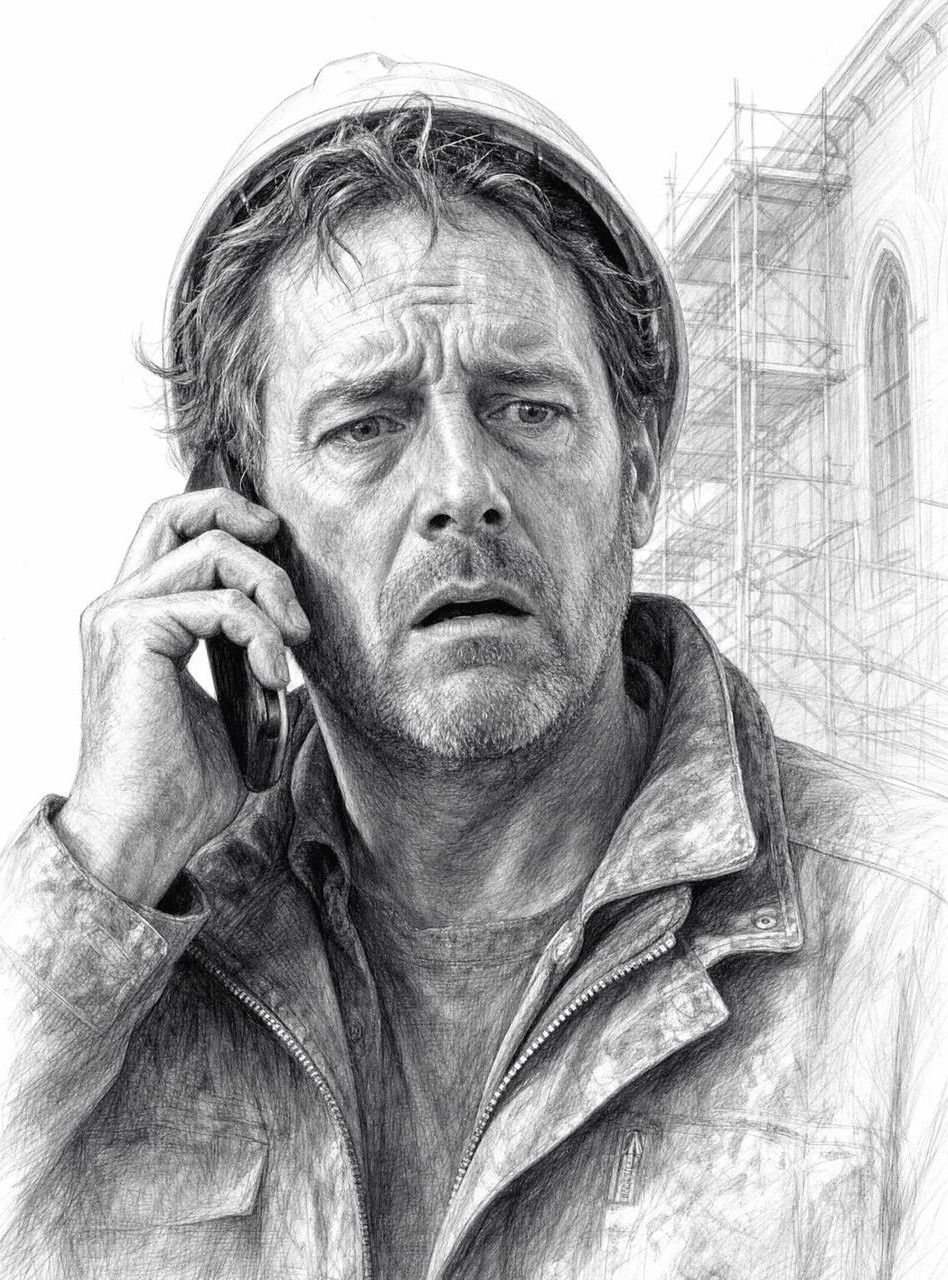 Pencil sketch of a distressed contractor in a hard hat talking on a mobile phone.