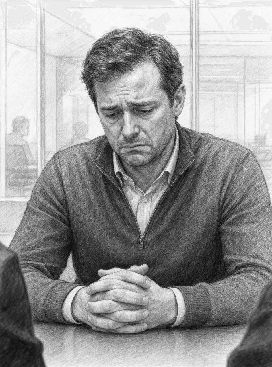Pencil sketch of a man sitting at a table looking distressed with his hands clasped.