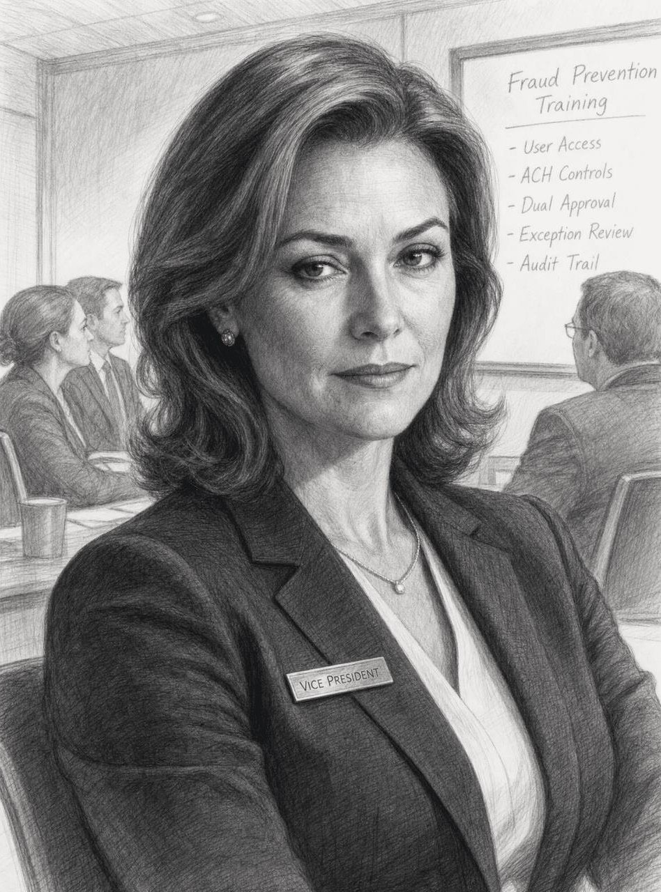 Sketch of a woman in a business suit with a vice president name tag in a fraud prevention training room.