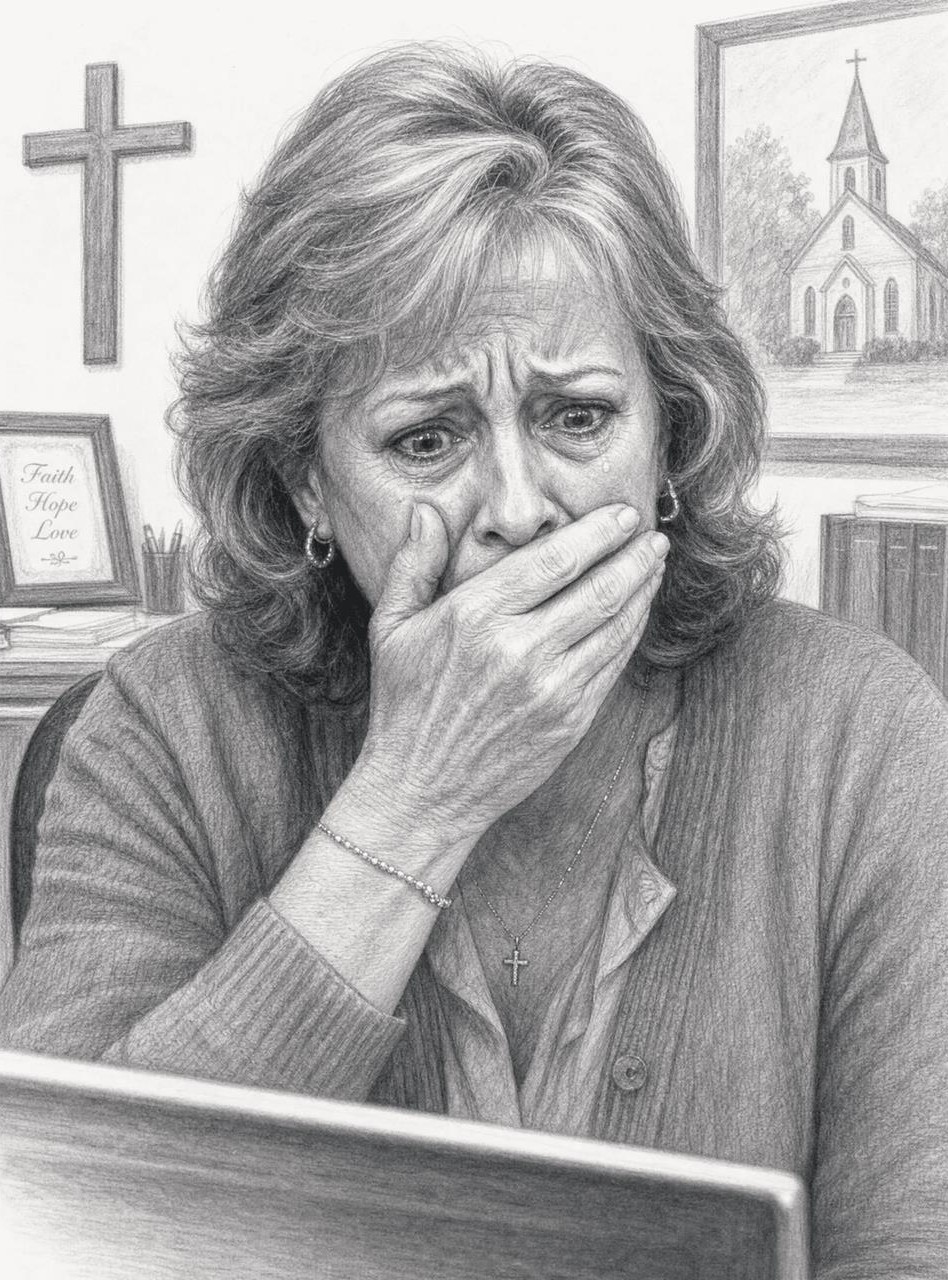 Pencil drawing of a distressed woman looking at a computer screen with a cross on the wall behind her.