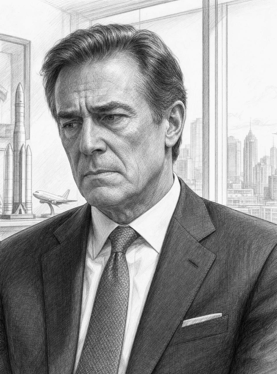 Pencil sketch portrait of a somber man in a suit standing in an office.