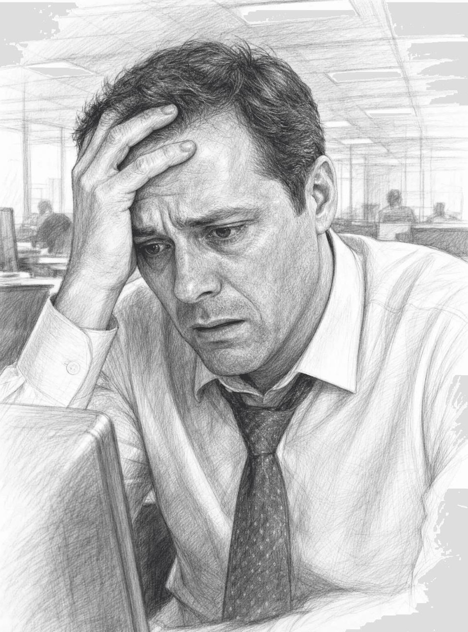Pencil sketch of a stressed office worker at a desk with his hand on his forehead.