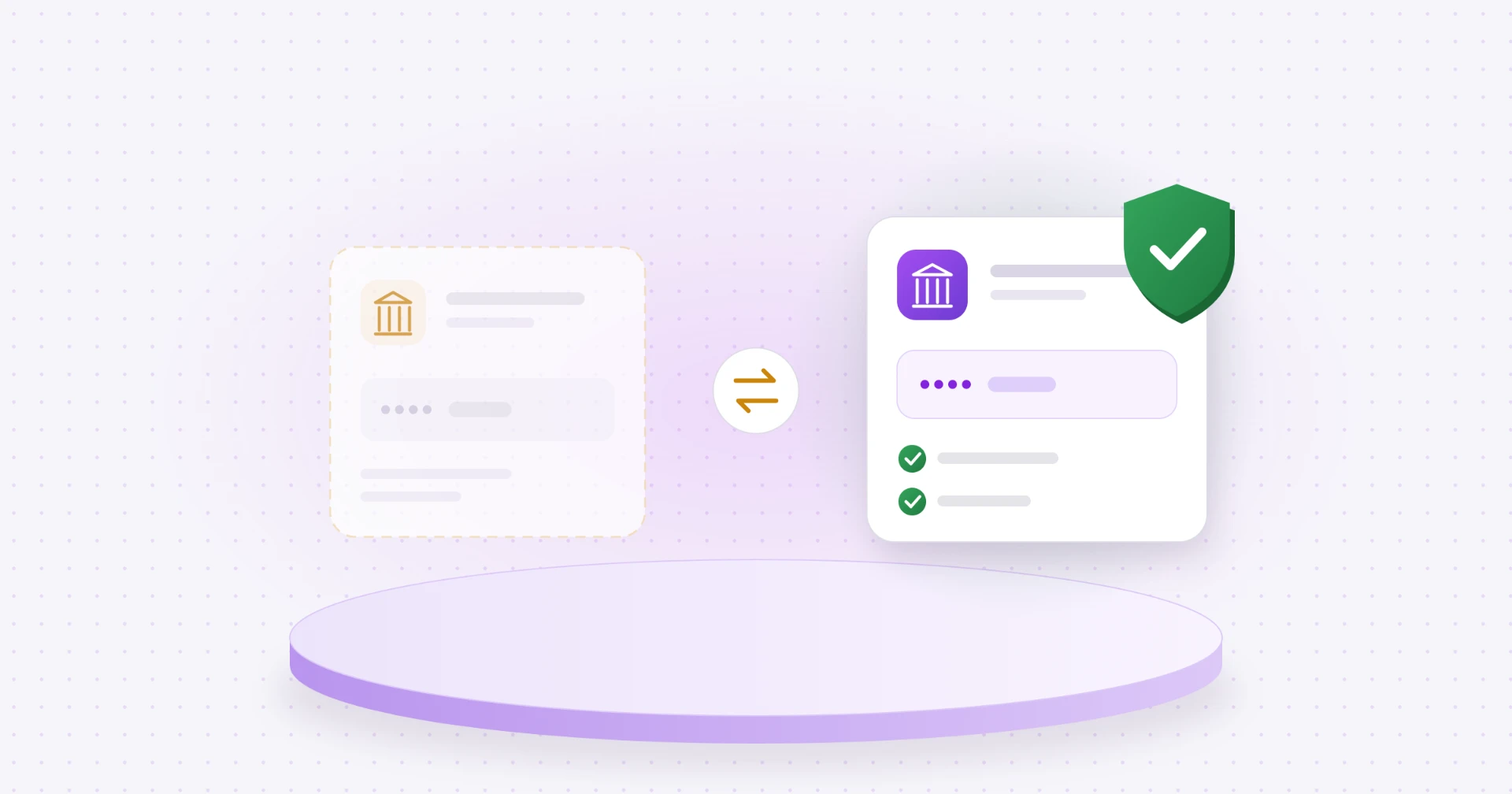 Vendor bank detail change from an old account to a verified account, with a green shield and check marks.