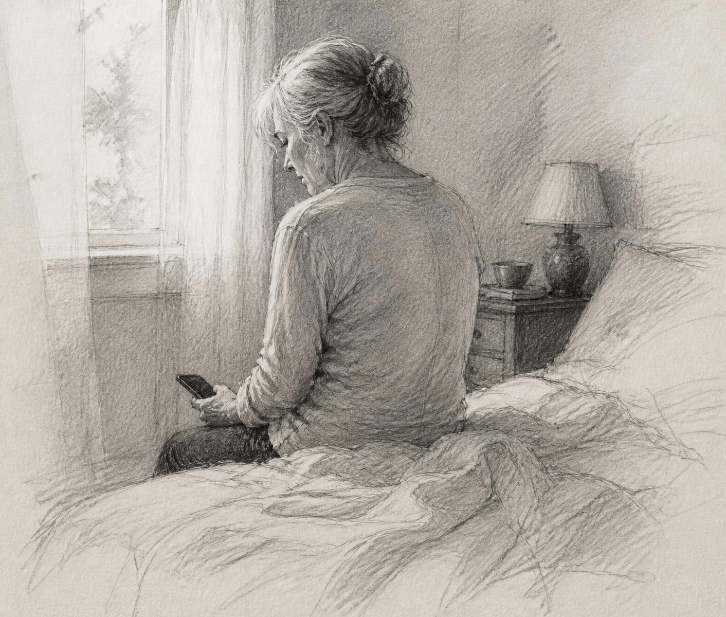 Graphite sketch of a woman sitting on the edge of her bed at dawn, looking down at her phone.