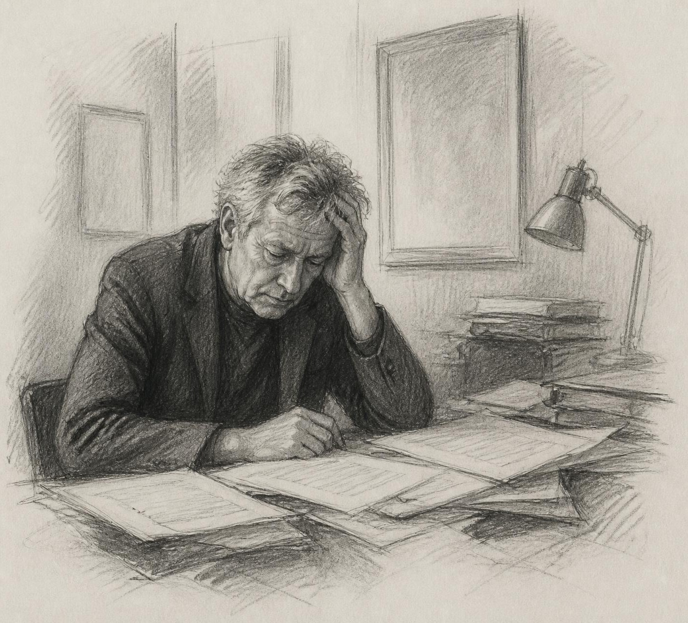 Graphite sketch of a weary theatre producer leaning over paperwork spread across his desk.