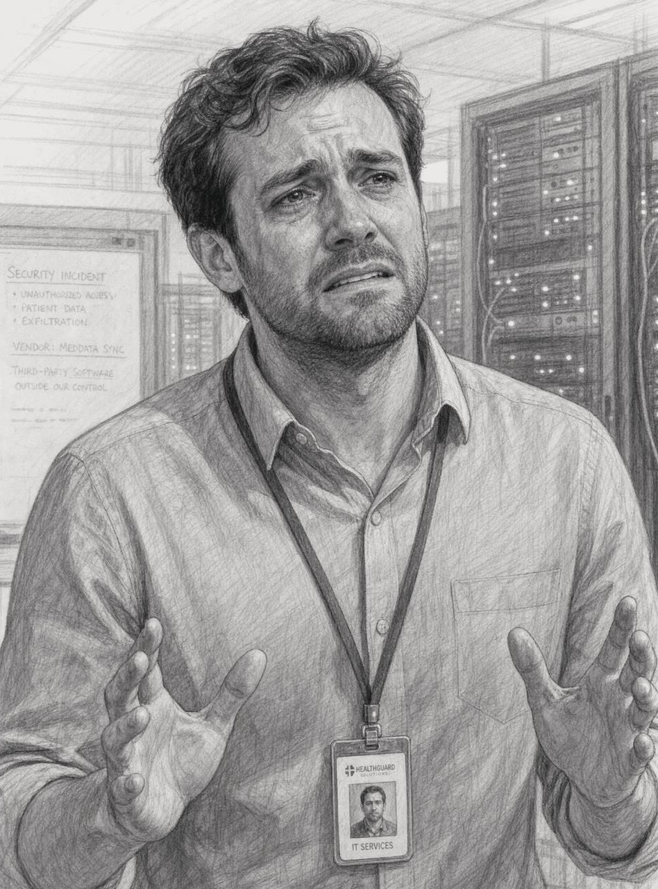 Pencil sketch of a distressed IT professional standing in a server room.