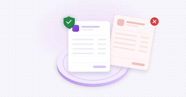 Illustration of an invoice protected by a purple verification shield, representing accounts payable fraud prevention