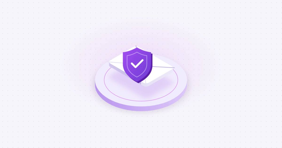 Illustration of an email envelope protected by a purple verification shield with a checkmark, on a lilac circular podium