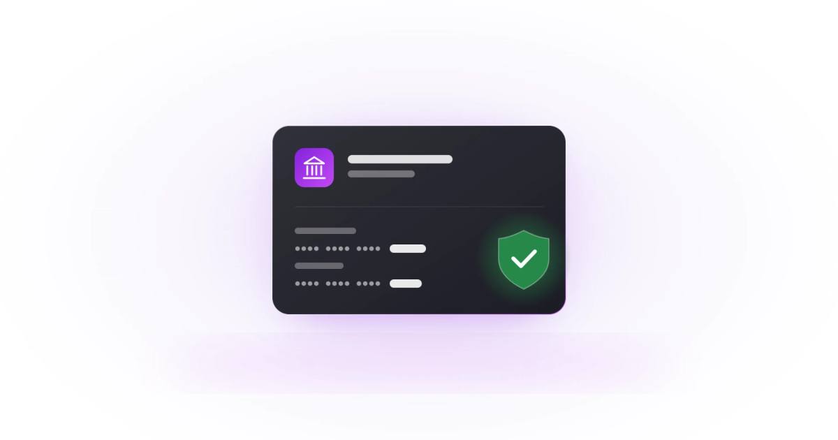 Illustration of a bank account card with a green verification shield, representing a bank account verification service