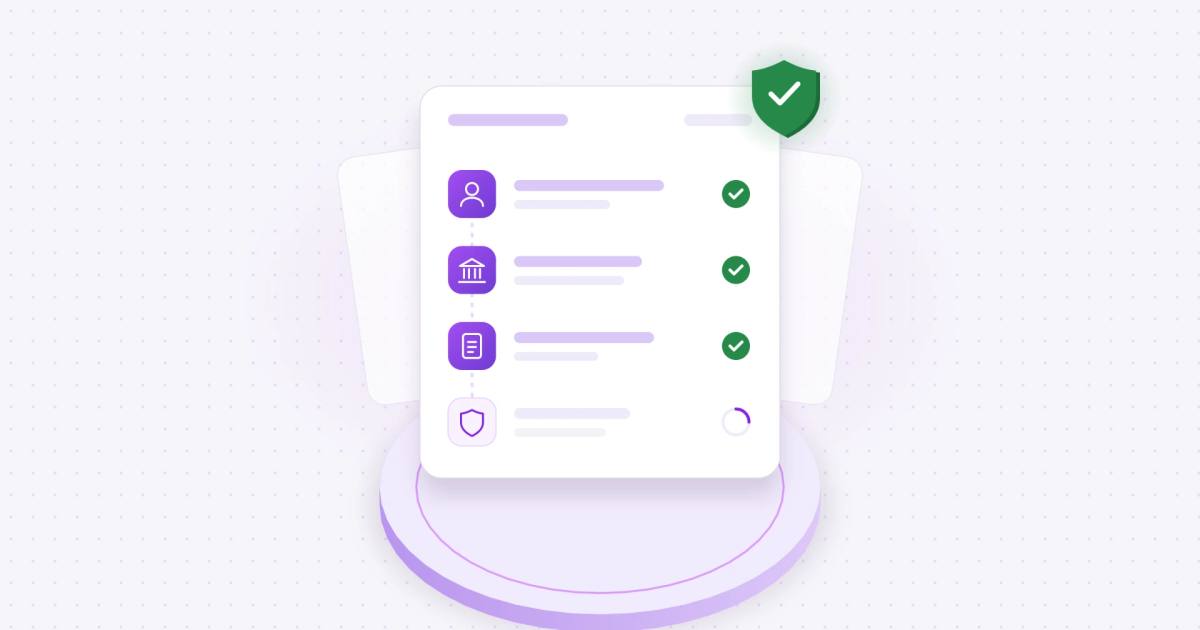 Vendor onboarding checklist illustration showing company profile, banking, and document verification steps completed with a verification shield